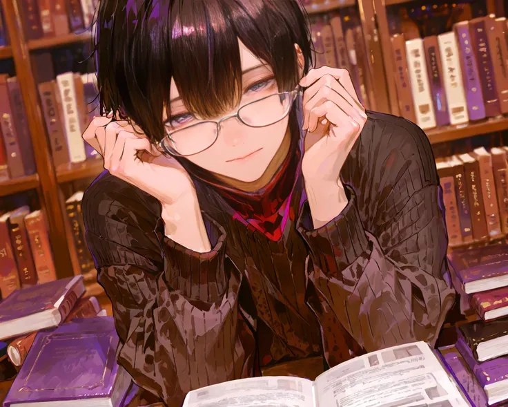  1 adult male with a red neckline,solo, asymmetrical left and right bangs ,Black hair shortcuts set, purple eyes, blurred background,Bookshelf,Scattered books , highest quality,dark brown knitted sweater, has books, I'm wearing glasses