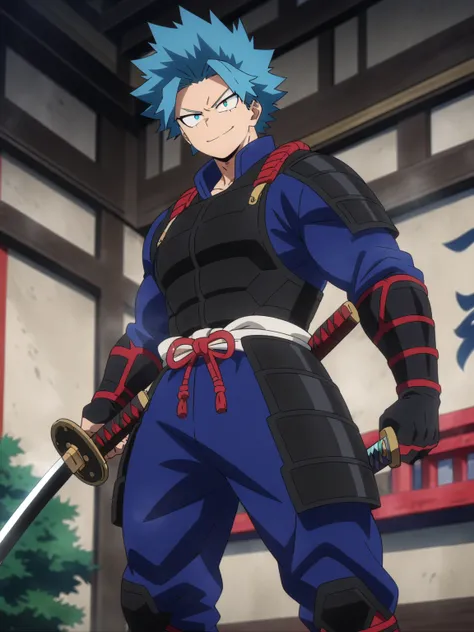 (masterpiece, best quality, anime, anime coloring:1.3, superhigh res). ((Samurai superhero as MHA character, sexy, small smile, muscular, blue hair, Male)). ((Superhero)), (((Wearing a samurai armor themed superhero suit, and wielding a katana.))). Modern ...