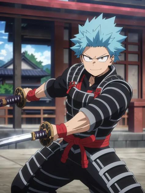 (masterpiece, best quality, anime, anime coloring:1.3, superhigh res). ((Samurai superhero as MHA character, sexy, small smile, muscular, blue hair, Male)). ((Superhero)), (((Wearing a samurai armor themed superhero suit, and wielding a katana.))). Modern ...