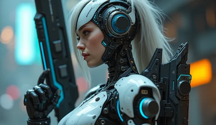  Beautiful female robots  , heavy weapons,  Bright joints and gaps  , 新   very detailed  ,   vibrant colors ,   very detailed 顔と目 , Intricate mechanical design with bright blue joints and gaps ,   photorrealist ,   cinematic lighting ,   flowing silver hai...