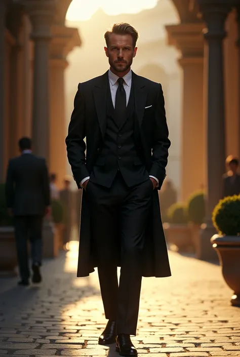 A man wearing a black suit and he walking 