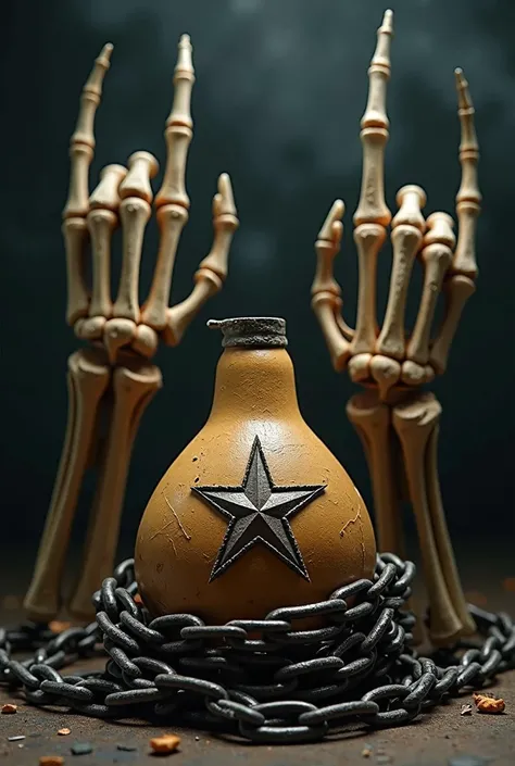 A bottle of Argentinian mate wrapped in broken chains and two skull hands making rock and roll horns with a star