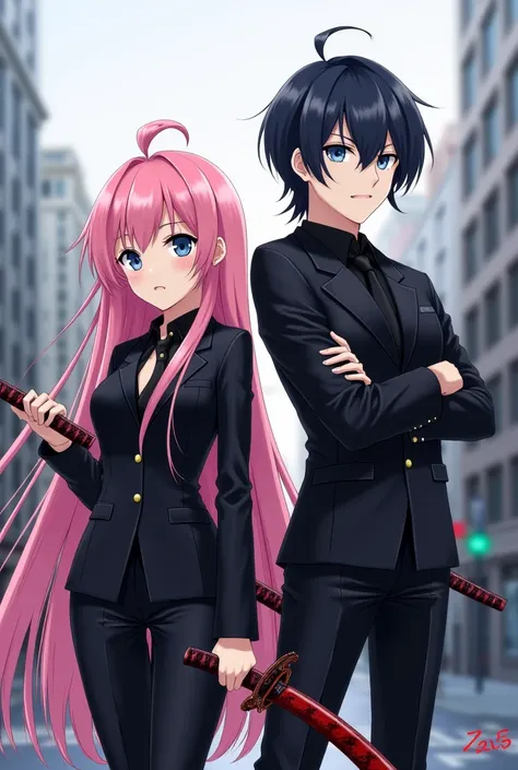 Create two anime characters. The first one has long pink hair, blue eyes, wears a black suit, holds a bloody barbed base, the second is dark water hair, gray eyes, wears a black suit, holds a bloody katana sword, stands in the city.
