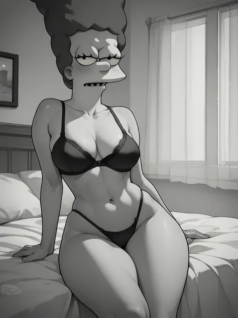 Marge Simpson medium big boobs healed abdomen thick thighs big black thighs panties black bra inside the bedroom looking straight at the camera looking sexy sexy