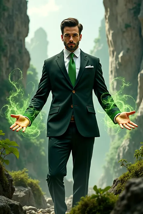 Handsome man dressed in black suit and white shirt with green tie using earthy magic