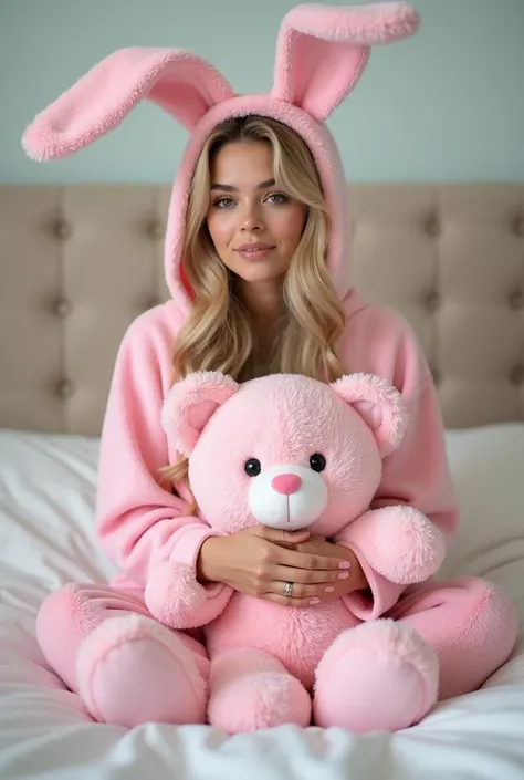 blonde woman in bunny costume holding a pink teddy bear on a bed, beautiful lady with bunny ears, bunny girl, ultrarealistic sweet bunny girl, wearing a bunny suit, with bunny ears, wearing a pink rabbit costume, the bunny has pink fur, playboy bunny, with...