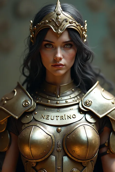 Roman goddess, warmonger, with words Neutrino embedded on chest armor, head to breast, legionnaire cybernetics. High Resolution, Masterpiece, Award Winning, Best Quality, High Details, High Quality, UHD, Optical Illusion, Impressionism, Art Deco, Cinematic...