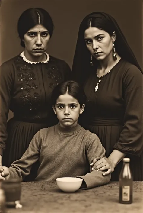 Génére une image qui a pour titre toute les femmes se lance a maudir la famille du coiffeur une photo de a l’epoque réunient sur la table des femmes marocaines voilées elles parlent a côté il y a un petit enfant de 6 ans 4 femmes
