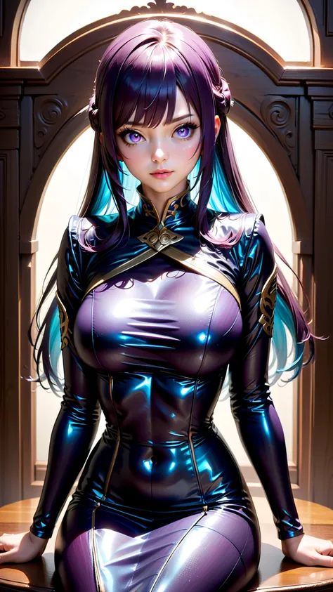 (1girl), (human), (Aeonis Serah Lumira) , (very long smooth straight dark purple hair and inner dark iridescent hair), (detailed dark iridescent eyes) , (aesthetic body) , (sitting in a room on chair wearing sefuku) , (Realism) ,(masterpiece) , (very aesth...