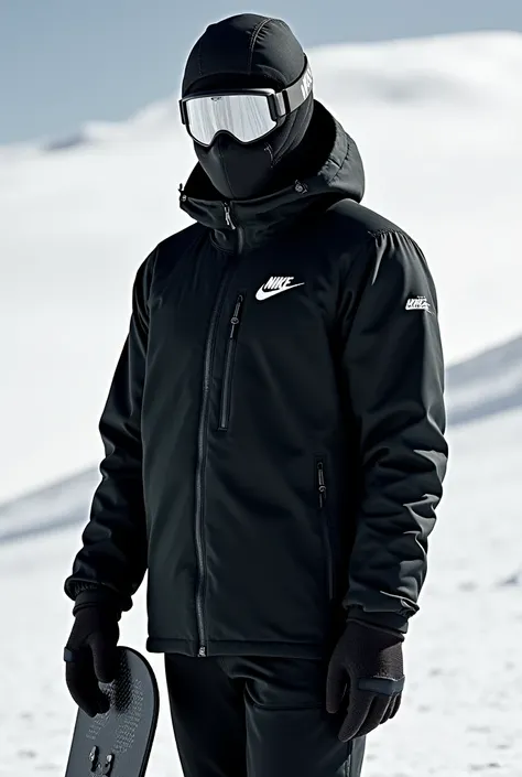 Create an image of a person dressed in dark winter clothing from the Nike brand,  including a mask and protective goggles . The person is standing ,  holding a skinboard  (prancha de skin), with a background of snow and clear sky .  The image must be in bl...