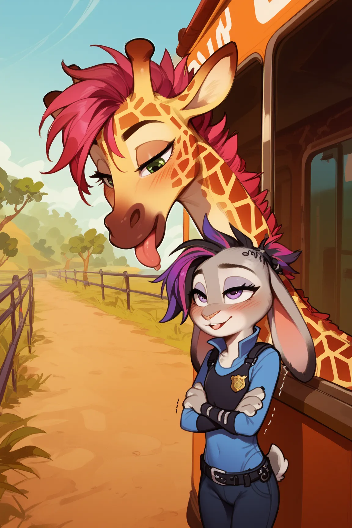 (score_9,score_8_up,score_7_up,score_6_up,score_5_up,score_4_up), fantasy art concept, intricate details, erotic, sensual, by darkgem, anthro, zootopia, duo, size_difference, judy hopps on crowded train next to (tiny young punk giraffe girl), erotic pose, ...