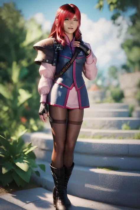 score_9, score_8_up, score_7_up,  score_6_up, score_5_up, Cissnei (final fantasy), 1girl, long hair, bangs, red hair, blue jacket, pink sleeves, leather shoulder armor, pantyhose, boots pants, fingerless gloves, brown eyes, FF14Style, solo, masterpiece