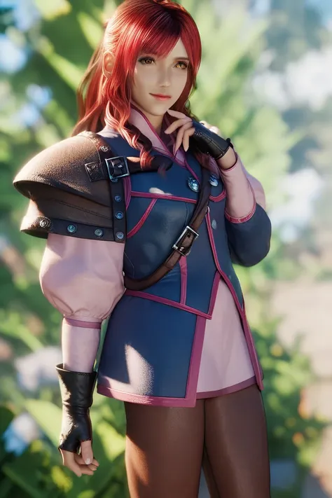 score_9, score_8_up, score_7_up,  score_6_up, score_5_up, Cissnei (final fantasy), 1girl, long hair, bangs, red hair, blue jacket, pink sleeves, leather shoulder armor, pantyhose, boots pants, fingerless gloves, brown eyes, FF14Style, solo, masterpiece