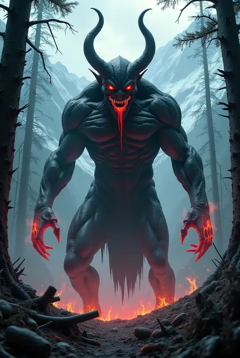 An angry devil. With forest and mountain background 