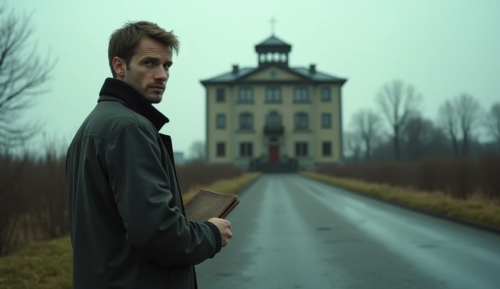 A cinematic depiction of a mysterious, abandoned hotel standing alone on an empty street during an overcast day with diffused sunlight. In the foreground, a man in his 30s, Alexey, with a tense expression, wearing a simple jacket and holding a worn noteboo...