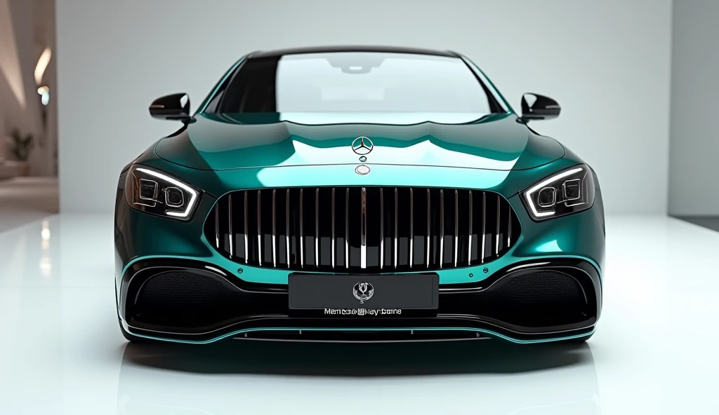 create an ultra-detailed 3D render  (close front view, )of a modern( 2026 Mercedes-Maybach S-Class)with a bold designy  looking long like limousine captured from (close shiny white view.) The car should feature a 'Gleamy oily (shiny teal)' color and black ...