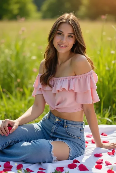 Picnic of Hearts in a Meadow.  
An ultra-realistic scene of a woman wearing a soft pink crop top with ruffled sleeves and high-waisted denim jeans. She’s sitting on a picnic blanket in a lush green meadow, surrounded by scattered red rose petals. Her relax...