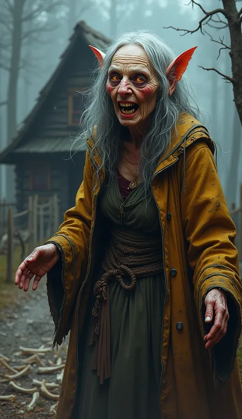  A detailed illustration of Baba Yaga: An old woman with wrinkled skin, bright eyes and sharp teeth, dressed in rags ,  standing in front of her cabin .