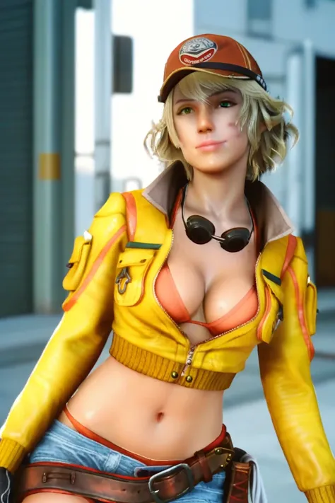 cindyff15, 1girl, short shorts, goggles around neck, blonde hair, cropped jacket, hat, medium breasts, dirty face, black gloves, navel, denim shorts, cleavage, short hair, midriff, baseball cap, green eyes, belt, yellow jacket, crop top, swimsuit, underwea...