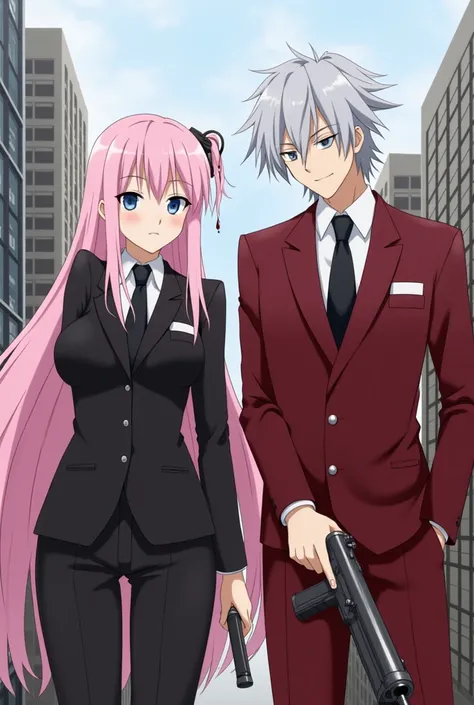 Create characters, female and male anime, women with long pink hair, blue eyes, wearing black suits, holding bloody bass sticks, gray-haired men, red suits, black eyes, holding guns, standing in the city.

