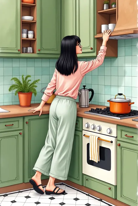  The image is a watercolor illustration of a woman in a cozy kitchen .  She's on her back, wearing wide pants and a top ,  reaching a cup in an upper cabinet .  The kitchen has green tiles on the wall ,  a pot on the stove that is spilling ,  a plant in a ...