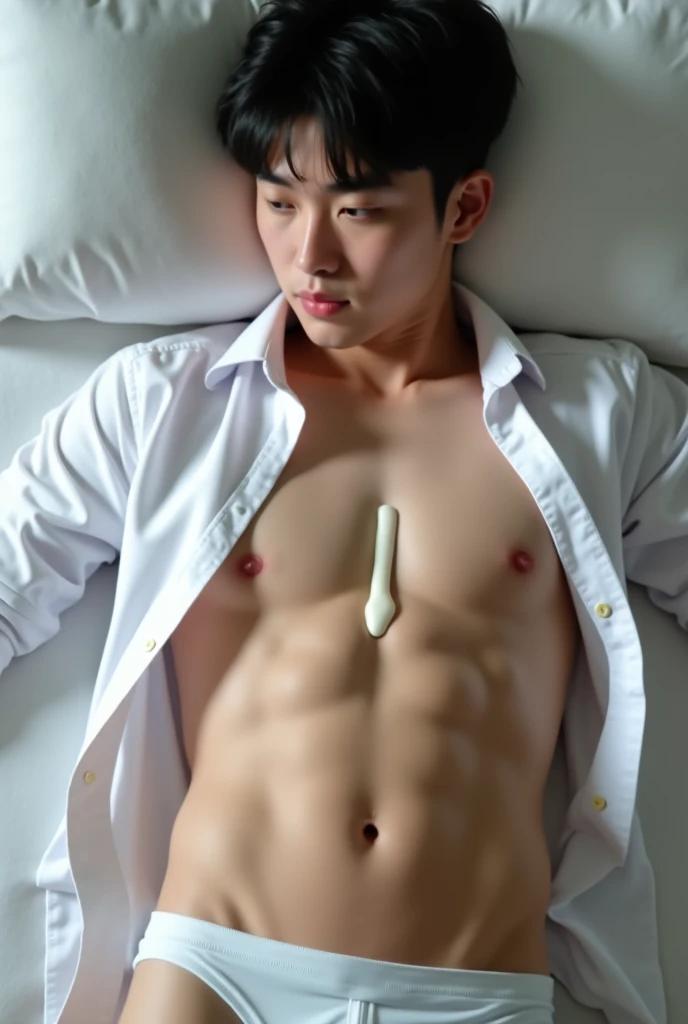 A 25-year-old Chinese boy, six-pack belly, wear underwear,  lying on the bed,  super handsome ,  wearing white shirt , with white milk sticking out on the abdomen, the shirt gets wet from the rain, wearing socks , Lustful Face ,  provocative , sensual.