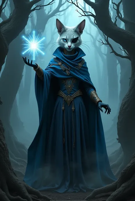 female khajiit, pupeteer, cloak , royal blue eyes, helsing theme, eyepatch, standing tall and pointing  at viewer, casting magic, haunted forest theme