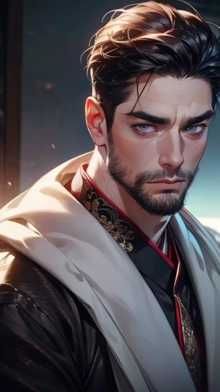 (       ,4K,8k,       highres,       masterpiece :1.2),       ultra-detailed    ,(realistic,photorealistic,photo-realistic:1.37),36-year-old man,3 day beard,Beautiful anime,Portraits,strong,Masculine,        with black hair  ,sharp jaw,             mesmeri...