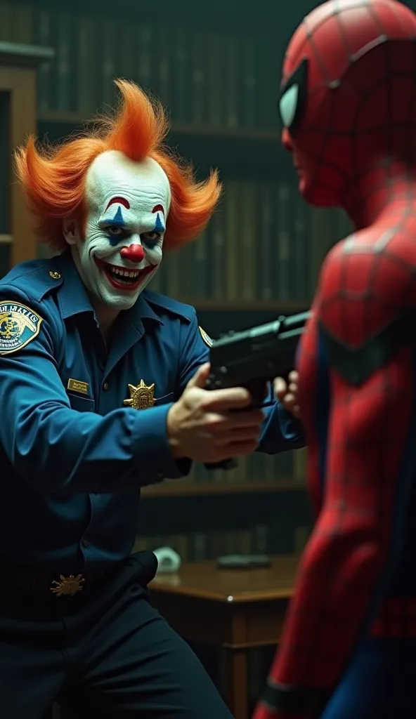  A man with creepy clown makeup , mengenakan setelan merah dengan rompi oranye dan ketable  hijau,  holding a double shotgun with a crazy and scary expression . He was pointing guns towards a red-costumed superhero figure with big white eyes (Spiderman),  ...