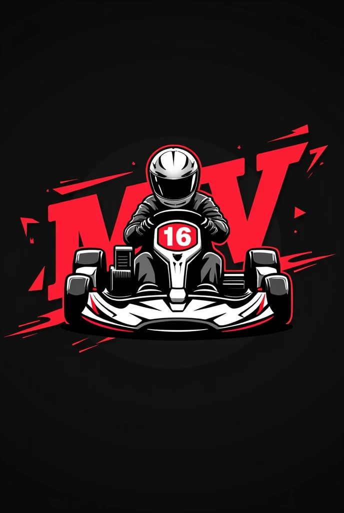 Logo per team go kart, with letters Mv, skull helmet, Go kart with number 16, Modern minimalist illustration, predominant colors red and black 
