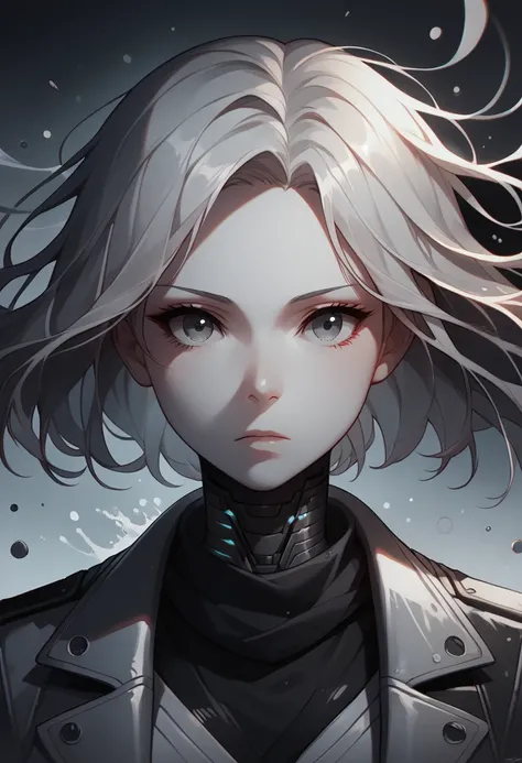 One woman, mature,anime, sharp yet smooth face, pale white skin, grey eyes, gray short hair, expressionless, robotic, clad in simple jacket, black pants and boots, with a black scarf, dark theme, low light, sinozick style, dissolving, dissolving into gray ...