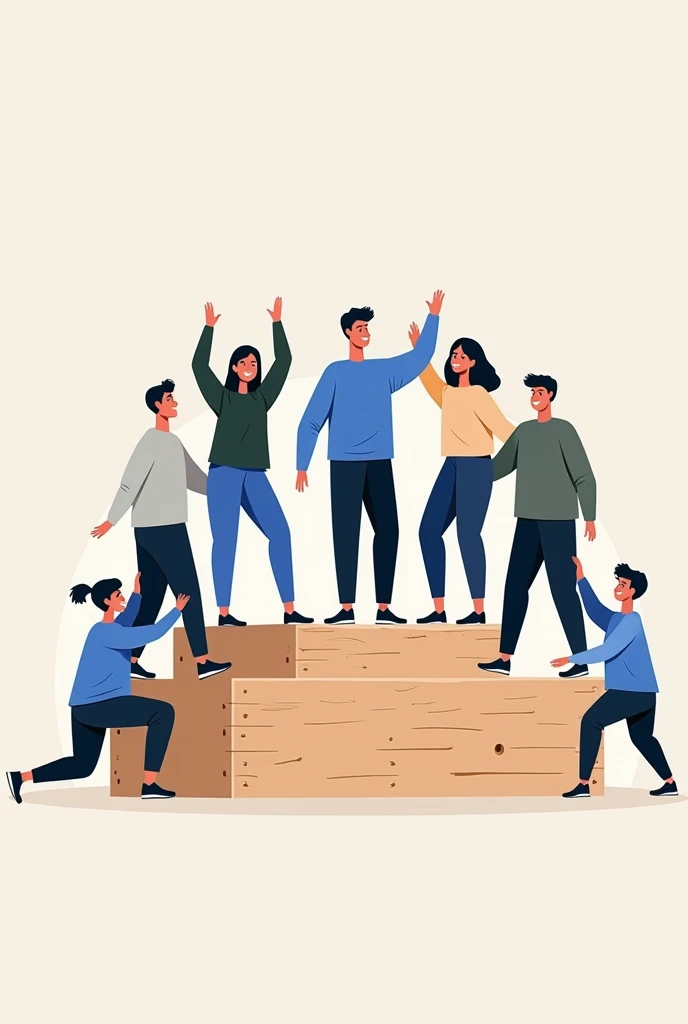  A commemorative illustration representing s of the NGO TETO .  The image shows five people standing on a newly built wooden floor, symbolizing an achievement. around,  five more people celebrate ,  with expressions of happiness and gestures of unity , lik...