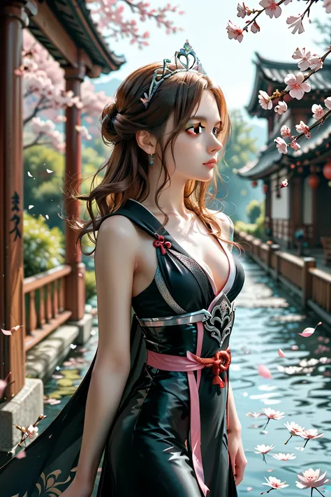 Girl is further away from viewer, a small distance away, full-body in picture, Nordic princess, skinny, narrow hips, small buttocks, medium sized breasts, long brown auburn hair, straight flowing hair, hazel eyes, black tight dress armor, pink flowing robe...