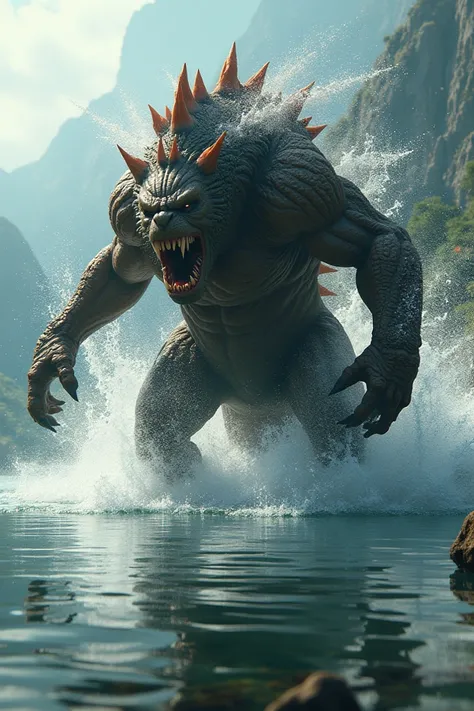 The fusion of an angry monster running in the lake 