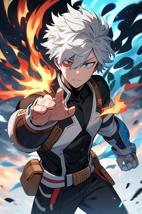 Shoto Todoroki from My Hero Academia is a young male hero with a striking dual-colored appearance. His hair is split down the middle, with white on the right side and red on the left. His eyes are also heterochromatic: his right eye is gray, and his left e...