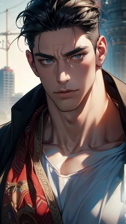 (       ,4K,8k,      highres,      masterpiece :1.2),      ultra-detailed    ,(realistic,photorealistic,photo-realistic:1.37),36-year-old man,3 day beard,Beautiful anime,Portraits,strong,Masculine,       with black hair  ,sharp jaw,           mesmerizing e...