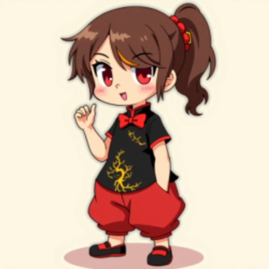 Anime busty tomboy girl with Rough brown ponytail hair. Her right eye covered by her hair with red. And yellow and orange highlights band aid on nose gold Robotic write for arm black short sleeved cheongsam faint gold tree pattern and red trim. She also we...