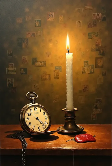 Memories, like stories, shape life’s essence. A melting candle drips beside an old pocket watch, marking time’s quiet passage. Fading photos dissolve into the background, while soft light reflects emotions of longing. Tears melt like wax, illuminating a re...