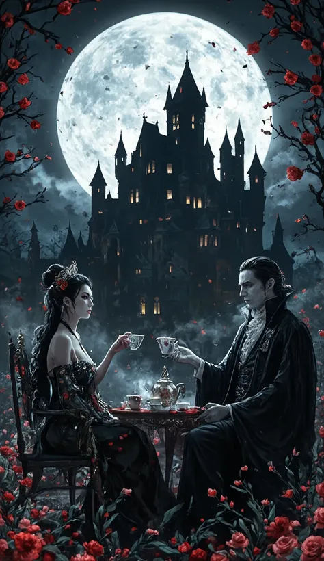 dark gothic castle, vampire count dracula and his female succubus companion enjoying tea, dramatic moonlit setting, colorful vivid gothic style, (best quality,4k,8k,highres,masterpiece:1.2),ultra-detailed,(realistic,photorealistic,photo-realistic:1.37),dra...