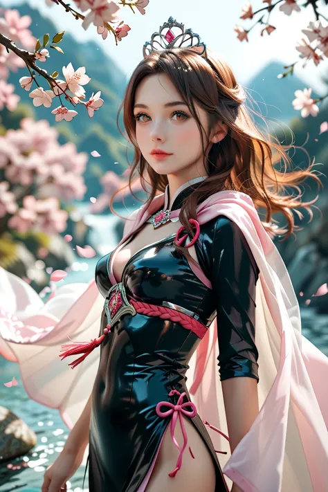 Nordic princess, skinny, narrow hips, small buttocks, medium sized breasts, long brown auburn hair, straight flowing hair, hazel eyes, black tight dress armor, pink flowing robes and cape, wearing a onyx and diamond tiara, samurai, cherry blossoms blown in...