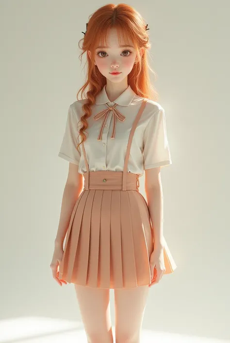  Generate an image of a full body girl 
Height 1 ,54 cm
Weight 43 .9 kg
Waist 65 cm
Hips 86 cm 
Bust 74 cm
White complexion 
Copper blonde hair 
Oriental features 
Schoolgirl dress style 