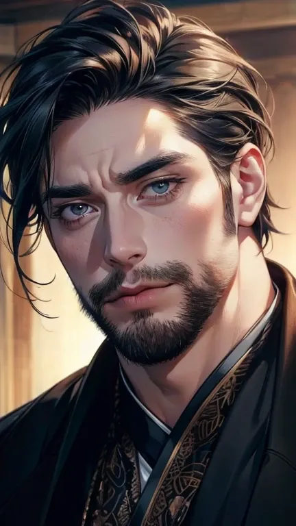 (       ,4K,8k,        highres,        masterpiece :1.2),        ultra-detailed    ,(realistic,photorealistic,photo-realistic:1.37),36-year-old man,3 day beard,Beautiful anime,Portraits,strong,Masculine,         with black hair  ,sharp jaw,               m...