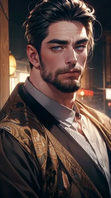 (       ,4K,8k,        highres,        masterpiece :1.2),        ultra-detailed    ,(realistic,photorealistic,photo-realistic:1.37),36-year-old man,3 day beard,Beautiful anime,Portraits,strong,Masculine,         with black hair  ,sharp jaw,               m...