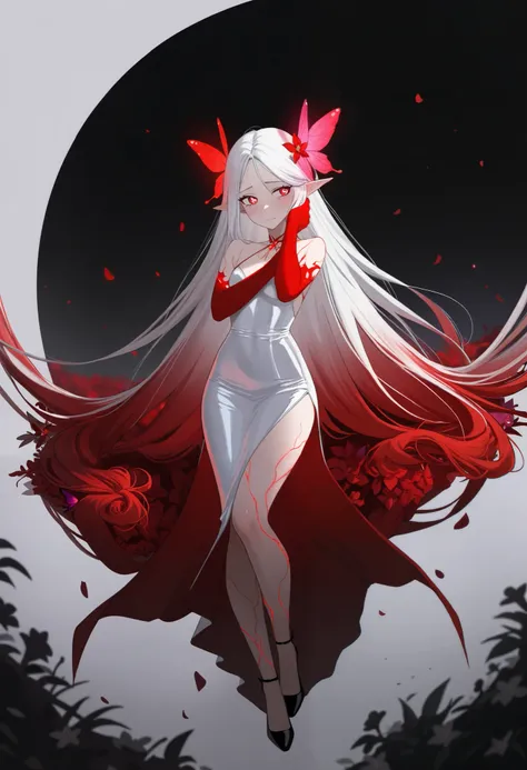 full body portrait of an evil young shy female anime fairy with pointy ears and white and dark red hair in a white hair strand covering her ears and a light leather dress with decorations, sie trägt eine runde Brille, shiny light red eyes with violet pupil...