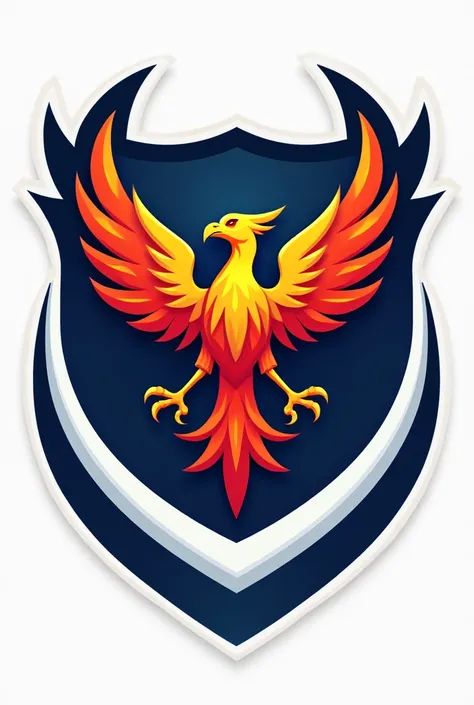 logo for soccer team that contains a shield with white frames, a red and gold phoenix with outstretched wings, And that it wears navy blue colors, orange,  white and light blue 