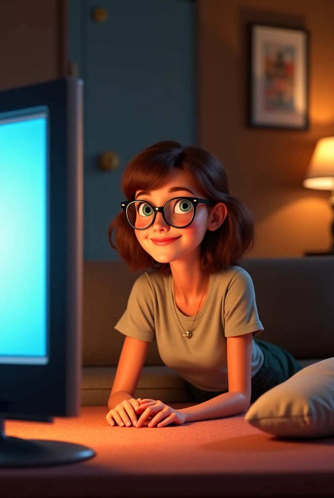 Smiling egg brown hair mid length glasses in skirts watching tv funny humor pixar 