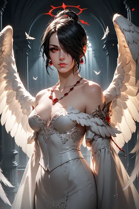 score_9, score_8_up, score_7_up, score_6_up
FFLulu, 1girl, black hair, one eye covered, red eyes, looking at viewer, low light, dramatic lighting, darkness, wings, angel wings on back