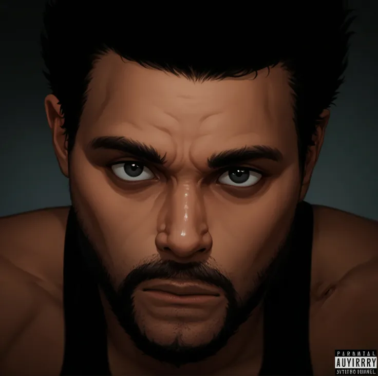  bearded man in a black shirt looking at the camera, Emotionally Evocative , alternate album cover,  intense look ,  lost look, colored album art,  big black eyes , completely black big eyes ,  large in its entirety - black eyes ,  big black eyes ,  big bl...