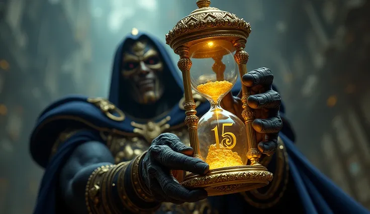 An hourglass with people inside, Darkseid holds them in his hands, the watch is engraved 15, pure gold watches, dystopian style 