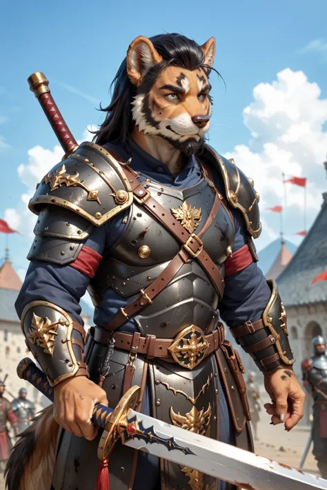 Anime-Series,  Furry, Wolfmann, Warrior,  dirty black hair and beard, dark fantasy, detailed black armor , large sword,  best quality ,  masterpiece, UHD, 8k, ultra realistic details 